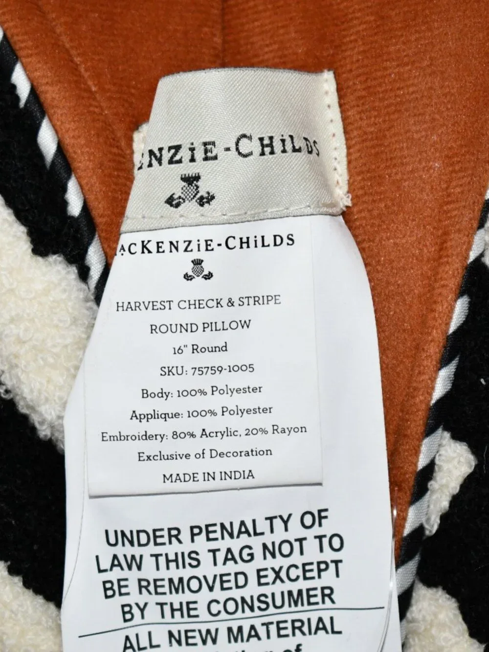 MacKenzie-Childs Harvest Check & Stripe Round Decorative Pillow #75759-1005 NWT